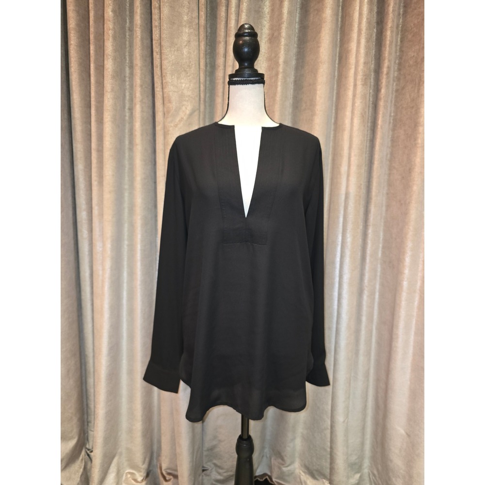Faithful + True Womens Black Split V-Neck Long Sleeve Tunic Blouse Medium